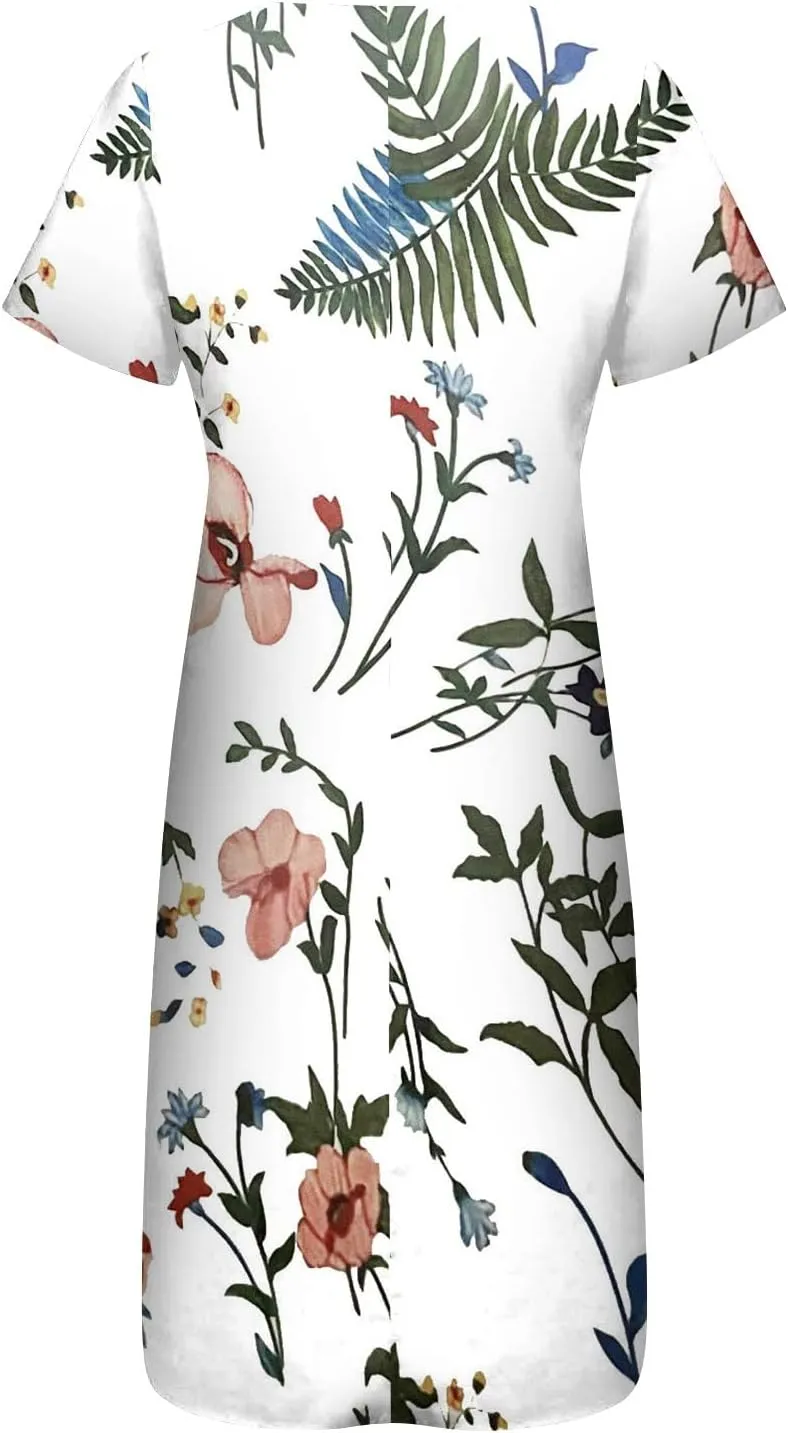 Midi Dresses for Women Elegant Floral Sexy V Neck Short Sleeve Summer Dress Casual Button Down Smocked Flowy Dress