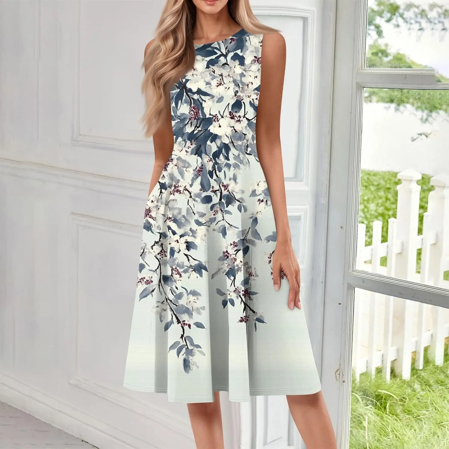Midi Sundress Women Casual Pleated Floral A-line Tank Sundress Beach Vacation Cruise Outfits