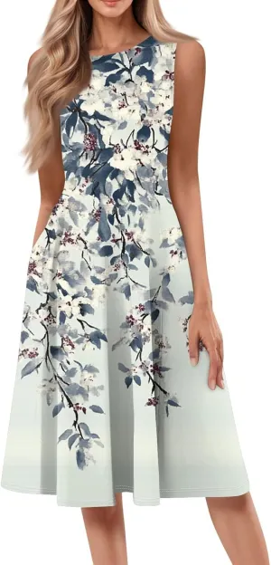 Midi Sundress Women Casual Pleated Floral A-line Tank Sundress Beach Vacation Cruise Outfits