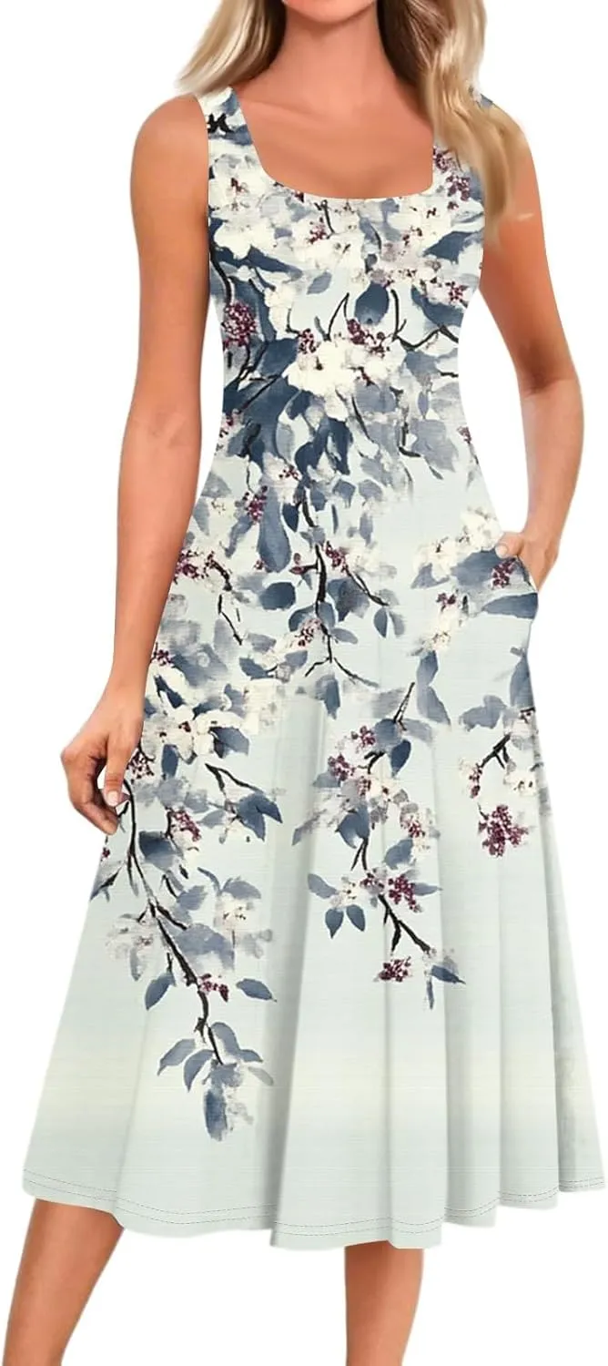 Midi Sundress Women Casual Pleated Floral A-line Tank Sundress Beach Vacation Cruise Outfits