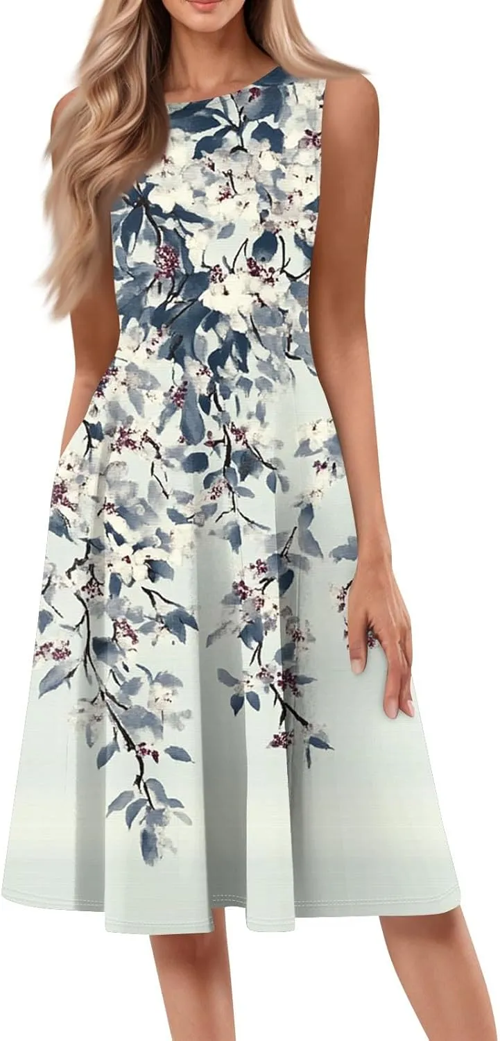 Midi Sundress Women Casual Pleated Floral A-line Tank Sundress Beach Vacation Cruise Outfits