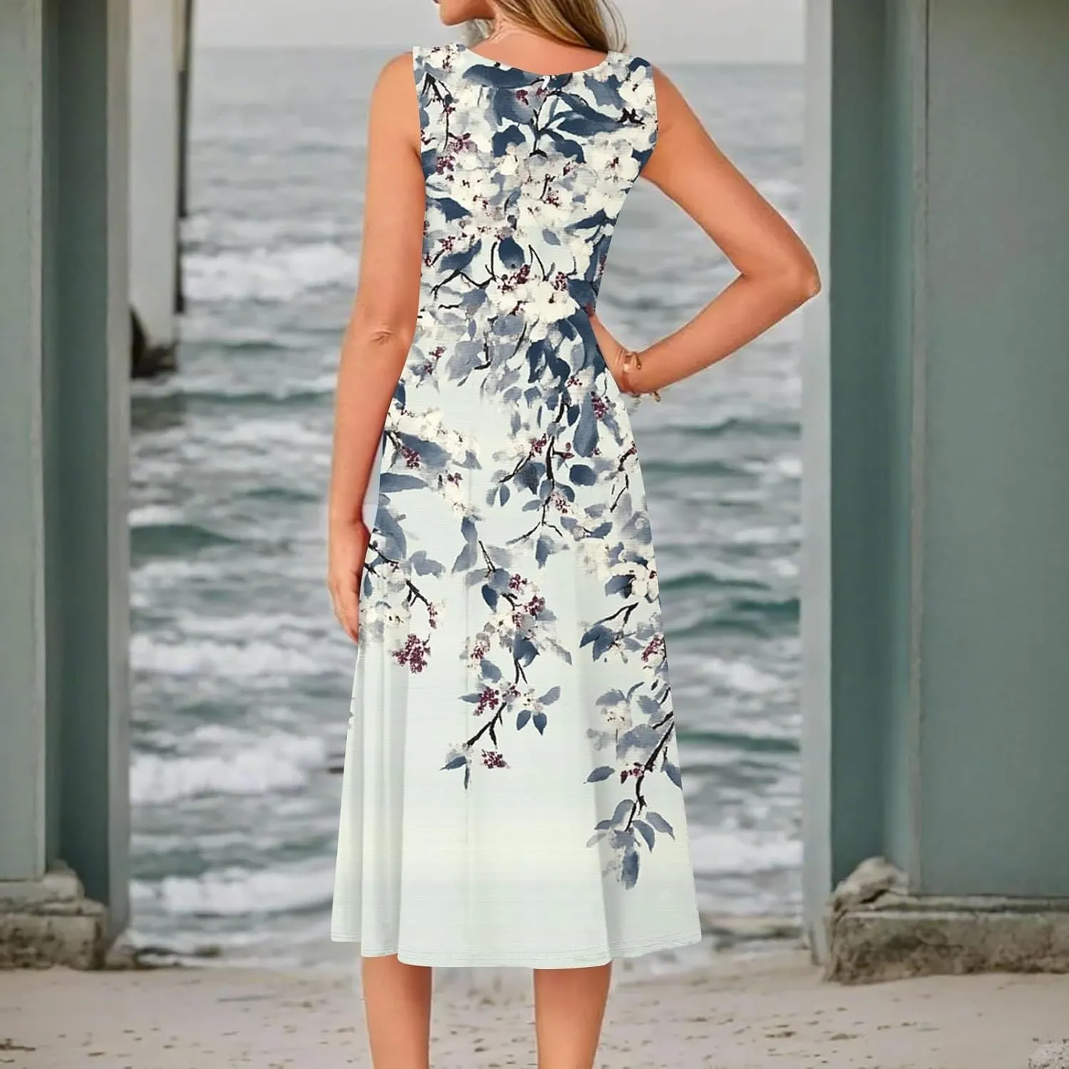Midi Sundress Women Casual Pleated Floral A-line Tank Sundress Beach Vacation Cruise Outfits