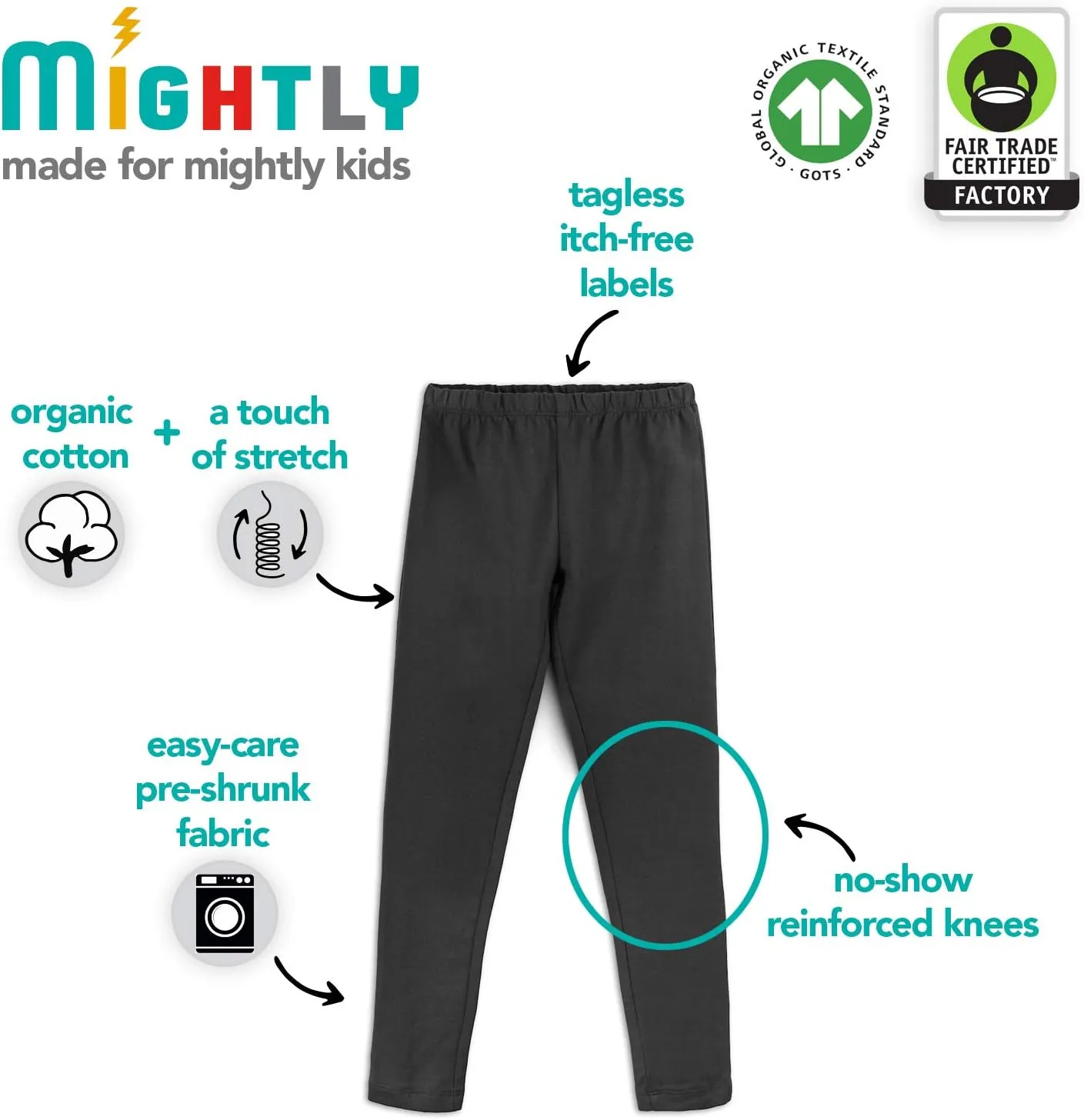 Mightly Girls' Leggings with Reinforced Knees | Organic Cotton Yoga Pants, Dance & Running Tights for Toddler&Kids Clothes