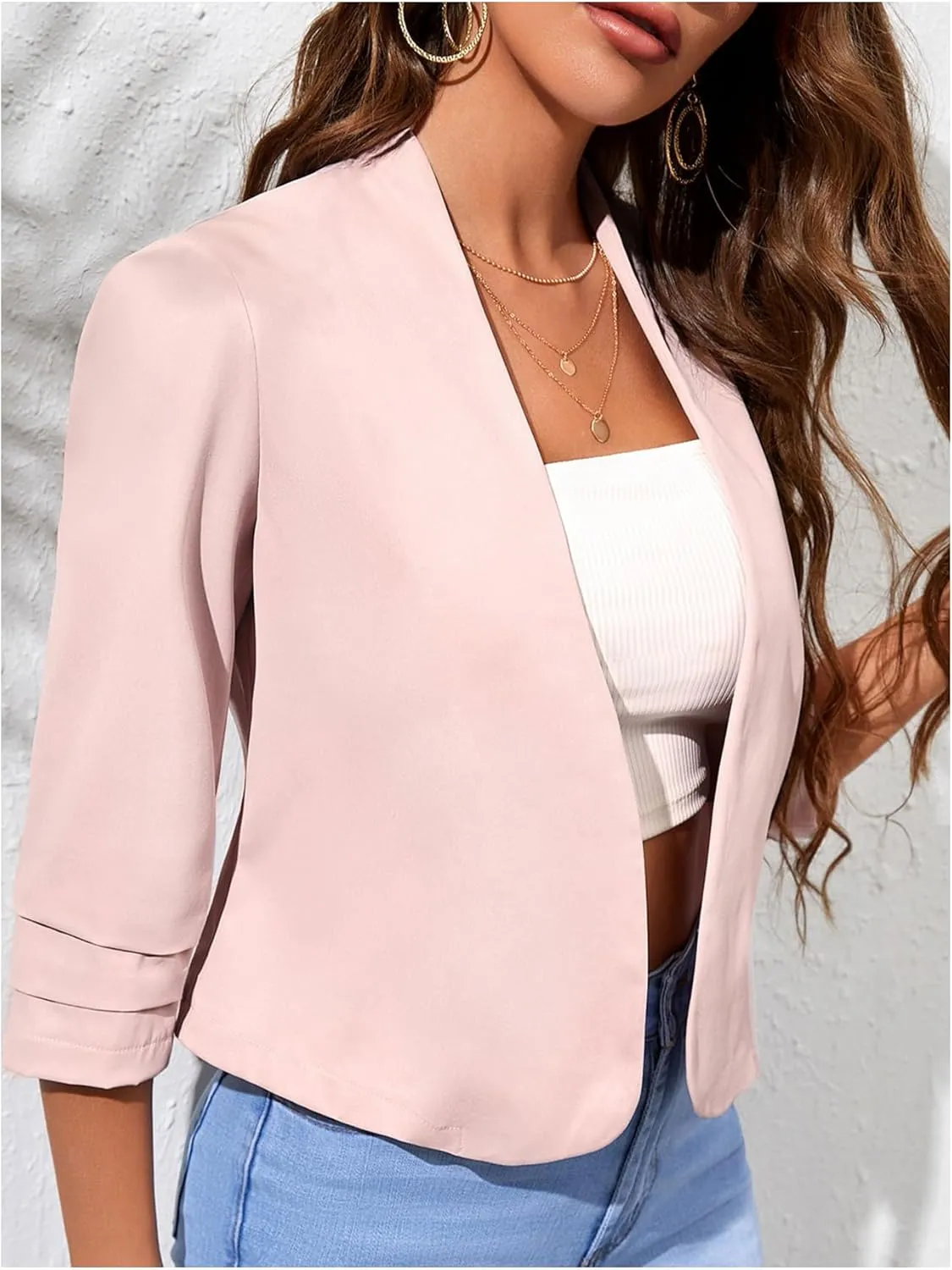 Milumia Women 3/4 Sleeve Open Front Jacket Office Work Business Crop Blazer