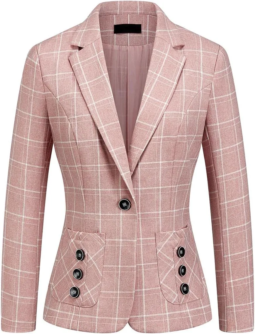 MODFUL Women's 2 Piece Business Plaid Suit Set Office One Button Slim Fit Blazer with Pant