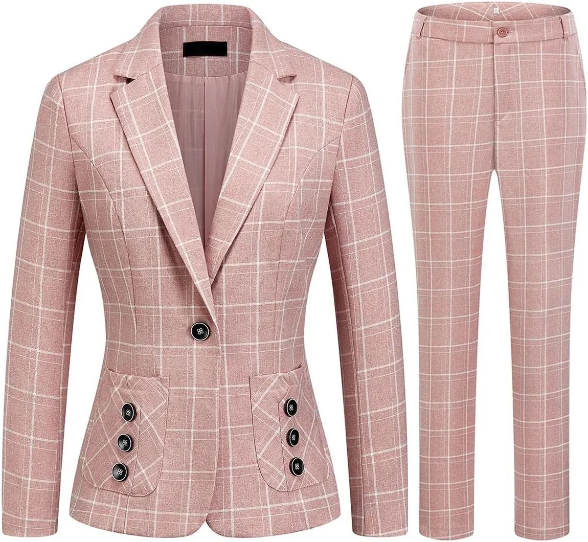 MODFUL Women's 2 Piece Business Plaid Suit Set Office One Button Slim Fit Blazer with Pant