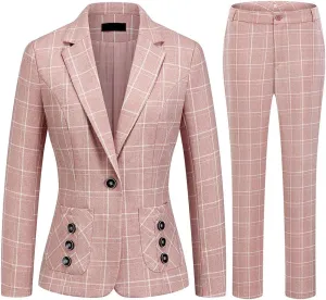 MODFUL Women's 2 Piece Business Plaid Suit Set Office One Button Slim Fit Blazer with Pant