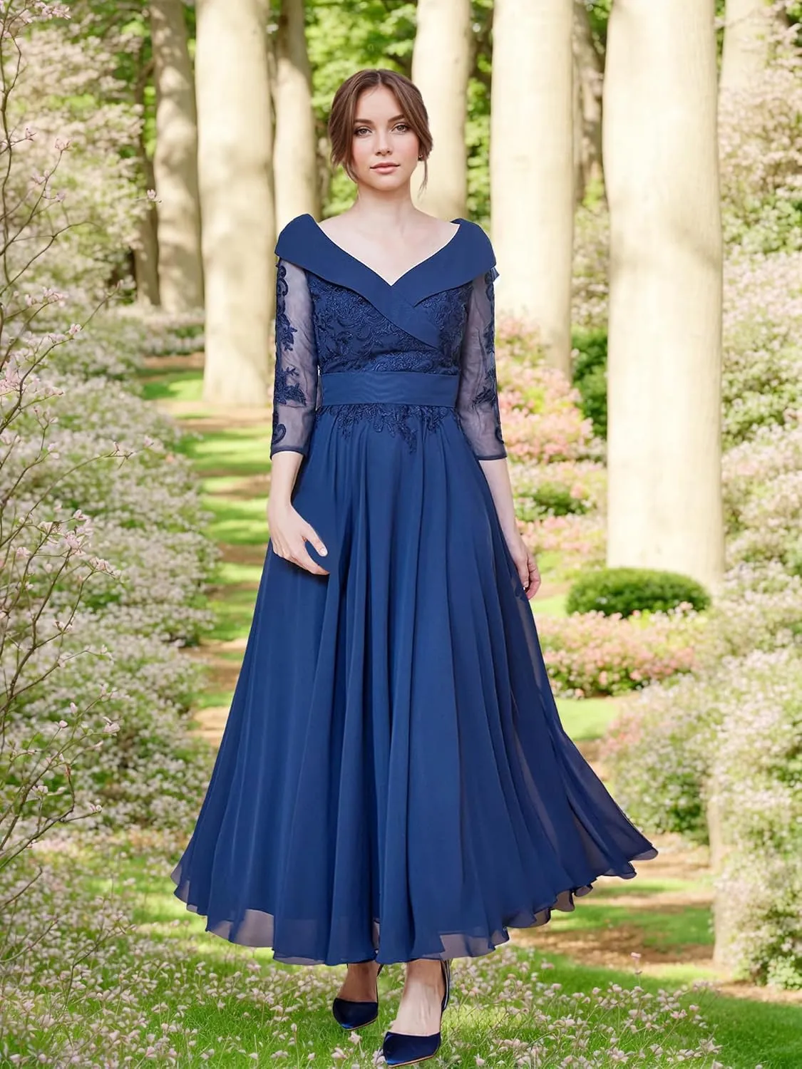 Mother of The Bride Dresses Lace V Neck Formal Evening Dress Long Sleeve Chiffon Evening Gown A Line