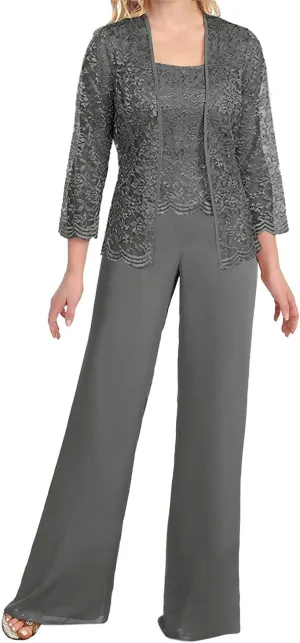 Mother of The Bride Pant Suits 3 Pieces Lace Outfit Sets for Wedding Guest Evening Party Gowns