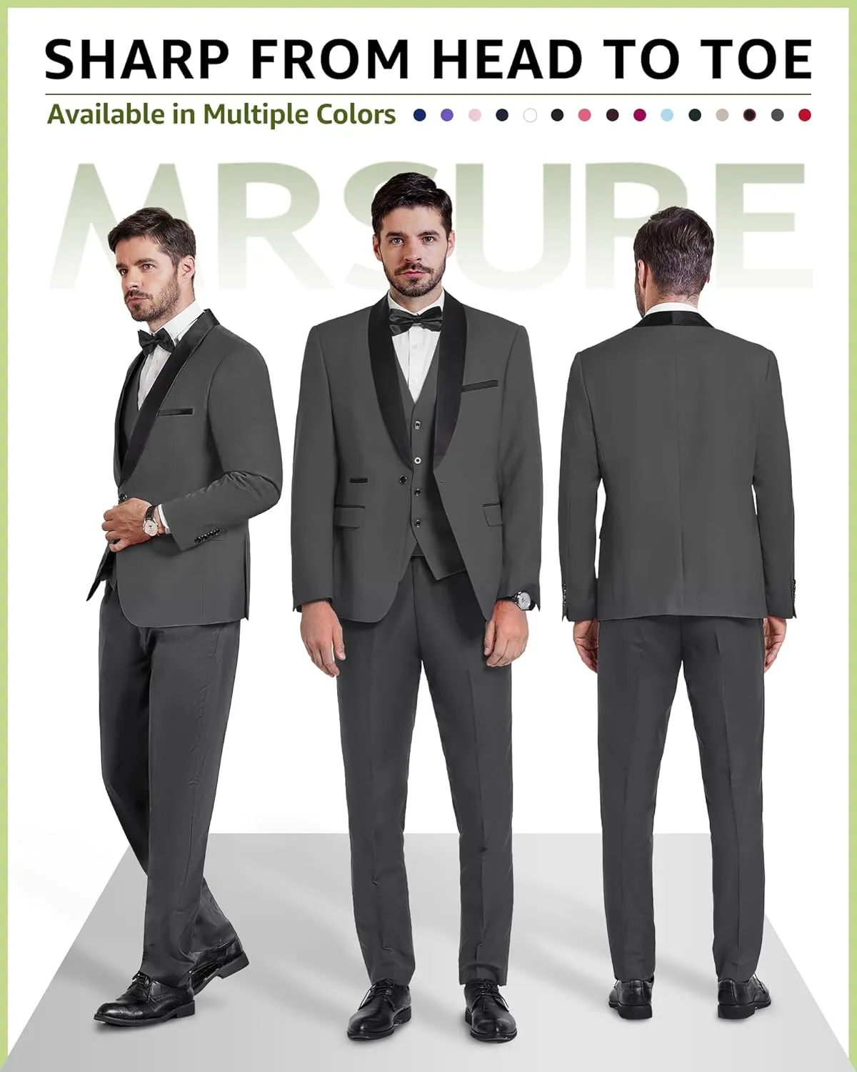 MrSure Mens 3 Piece Slim Fit Suit, One Button Shawl Lapel Tuxedo, Premium Dinner Jacket Vest Pants & Tie Set