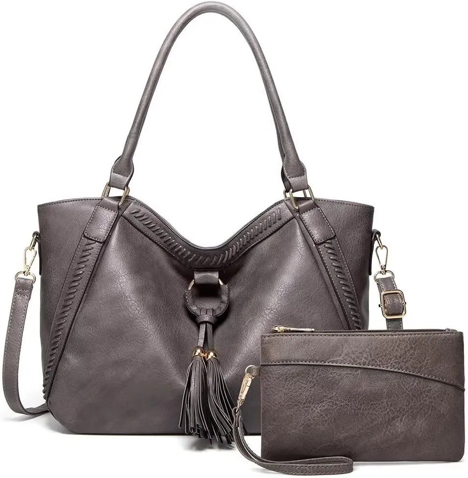 Mudono Tote Bag for Women Large PU Leather Shoulder Bag Hobo Crossbody Purse Vintage Top Handle Satchel With Matching Clutch