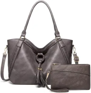Mudono Tote Bag for Women Large PU Leather Shoulder Bag Hobo Crossbody Purse Vintage Top Handle Satchel With Matching Clutch