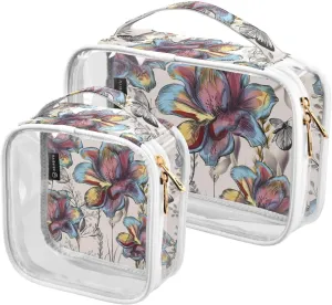 Multicolor-flowers Pattern 2 Pack Clear Toiletry Bag Women Men, Portable Waterproof Clear Pouch, Cosmetic Bag with Double Zippers Large Opening Traveling with Handle for Bathroom Traveling Vacation Or