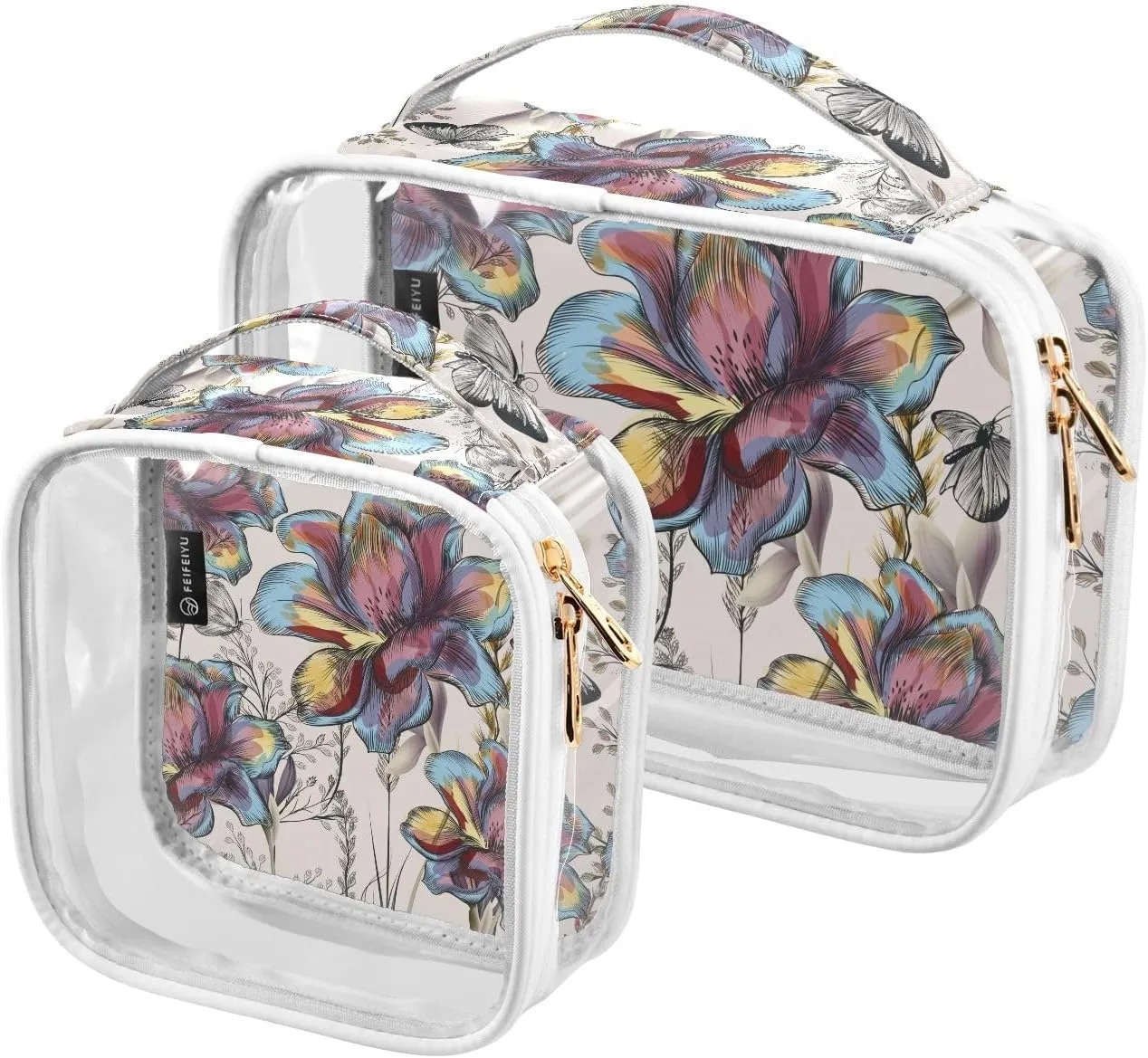 Multicolor-flowers Pattern 2 Pack Clear Toiletry Bag Women Men, Portable Waterproof Clear Pouch, Cosmetic Bag with Double Zippers Large Opening Traveling with Handle for Bathroom Traveling Vacation Or
