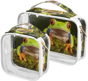 Multicolored-redeyed-tree-frog 2 Pack Clear Toiletry Bag Women Men, Portable Waterproof Clear Pouch, Cosmetic Bag with Double Zippers Large Opening Traveling with Handle for Bathroom Traveling Vacatio