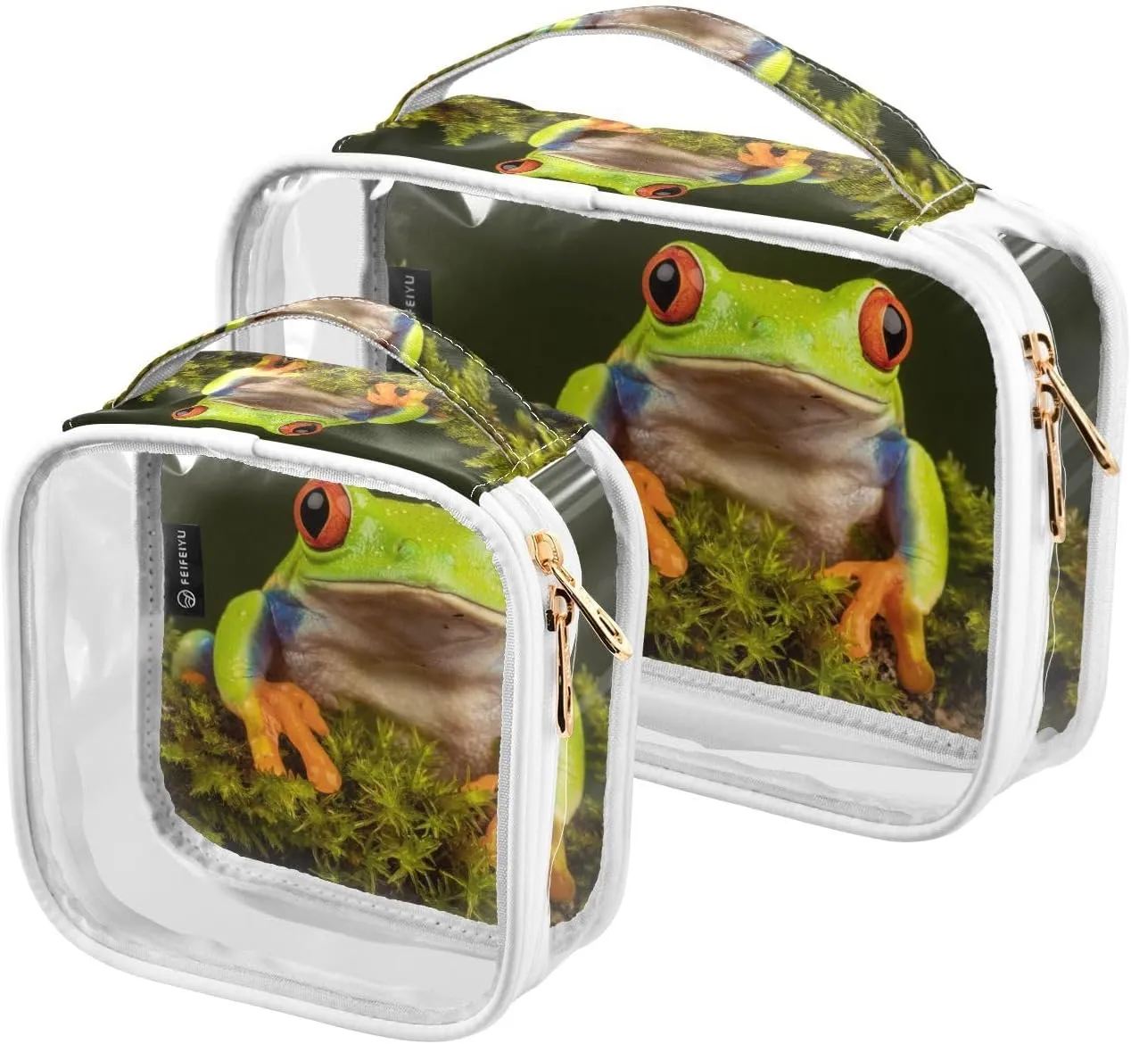 Multicolored-redeyed-tree-frog 2 Pack Clear Toiletry Bag Women Men, Portable Waterproof Clear Pouch, Cosmetic Bag with Double Zippers Large Opening Traveling with Handle for Bathroom Traveling Vacatio