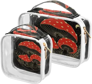 Mushroom-russula-pattern 2 Pack Clear Toiletry Bag Women Men, Portable Waterproof Clear Pouch, Cosmetic Bag with Double Zippers Large Opening Traveling with Handle for Bathroom Traveling Vacation Orga