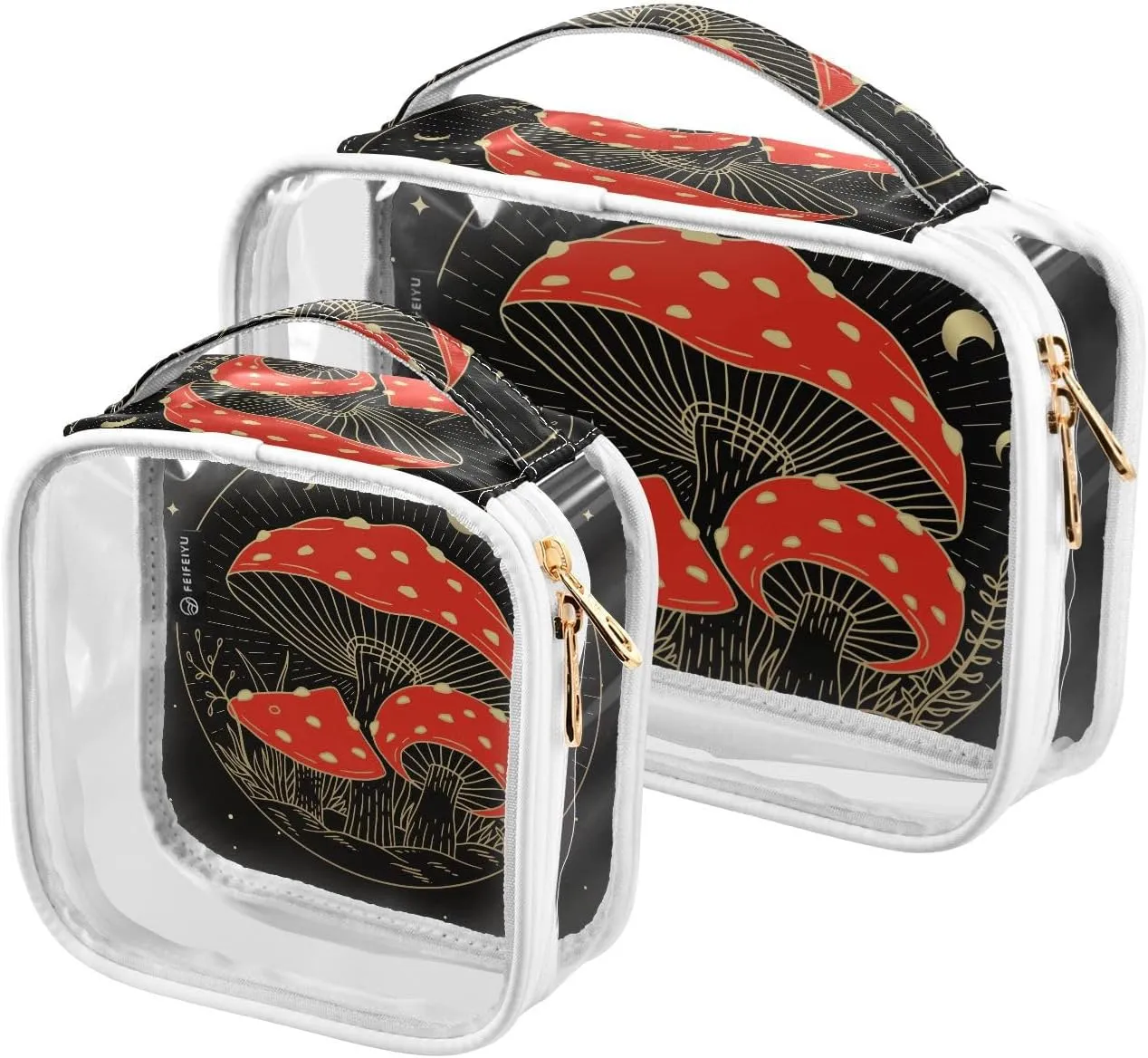 Mushroom-russula-pattern 2 Pack Clear Toiletry Bag Women Men, Portable Waterproof Clear Pouch, Cosmetic Bag with Double Zippers Large Opening Traveling with Handle for Bathroom Traveling Vacation Orga