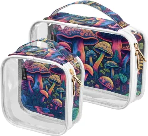 Mushrooms Pattern 2 Pack Clear Toiletry Bag Women Men, Portable Waterproof Clear Pouch, Cosmetic Bag with Double Zippers Large Opening Traveling with Handle for Bathroom Traveling Vacation Organizing