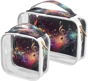 Music-notes Print 2 Pack Clear Toiletry Bag Women Men, Portable Waterproof Clear Pouch, Cosmetic Bag with Double Zippers Large Opening Traveling with Handle for Bathroom Traveling Vacation Organizing