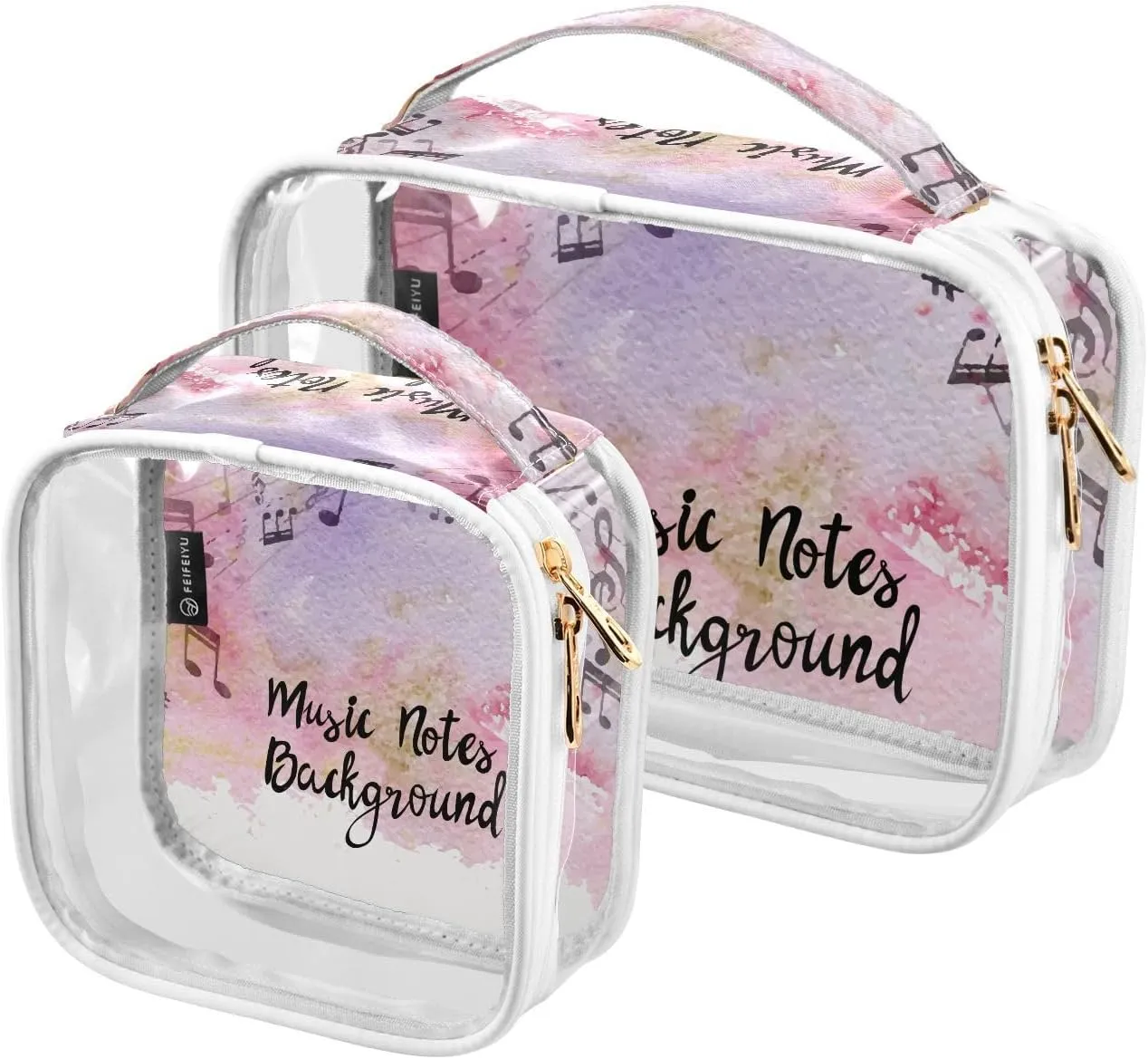Music-notes-watercolor Background 2 Pack Clear Toiletry Bag Women Men, Portable Waterproof Clear Pouch, Cosmetic Bag with Double Zippers Large Opening Traveling with Handle for Bathroom Traveling Vaca