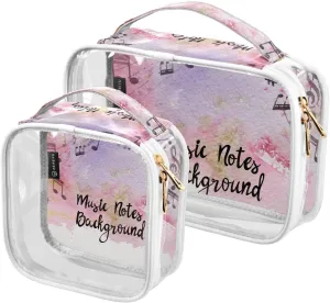 Music-notes-watercolor Background 2 Pack Clear Toiletry Bag Women Men, Portable Waterproof Clear Pouch, Cosmetic Bag with Double Zippers Large Opening Traveling with Handle for Bathroom Traveling Vaca