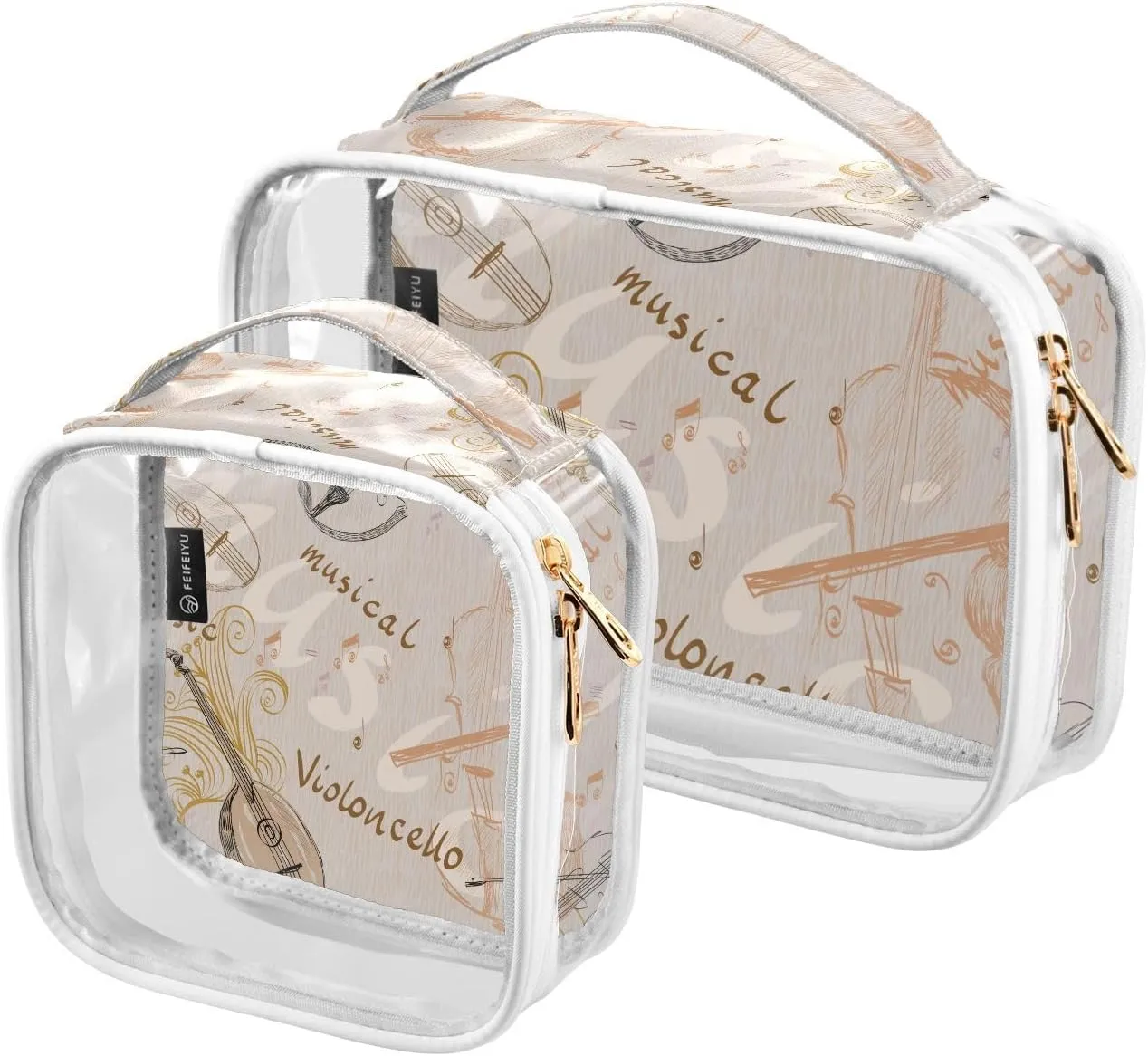 Musical-background 2 Pack Clear Toiletry Bag Women Men, Portable Waterproof Clear Pouch, Cosmetic Bag with Double Zippers Large Opening Traveling with Handle for Bathroom Traveling Vacation Organizing