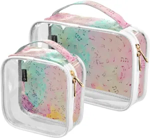 Musical-notes Pattern 2 Pack Clear Toiletry Bag Women Men, Portable Waterproof Clear Pouch, Cosmetic Bag with Double Zippers Large Opening Traveling with Handle for Bathroom Traveling Vacation Organiz