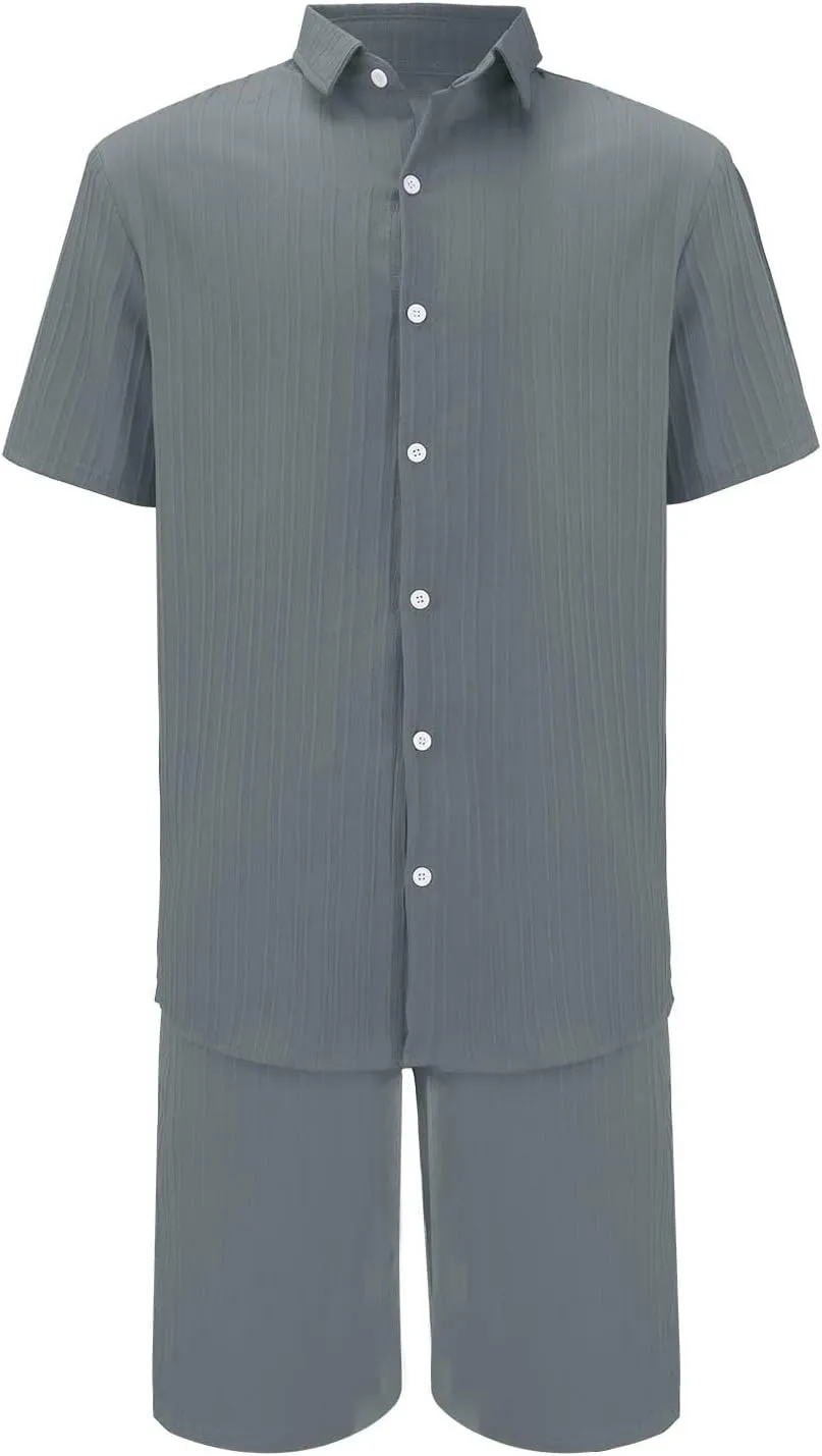 Muyise Men Short Sets 2 Piece Summer Outfits Casual Summer Button Down Short Sleeve Hawaiian Shirt and Drawstring Beach Short