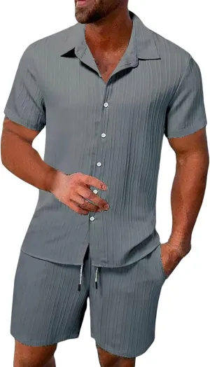 Muyise Men Short Sets 2 Piece Summer Outfits Casual Summer Button Down Short Sleeve Hawaiian Shirt and Drawstring Beach Short