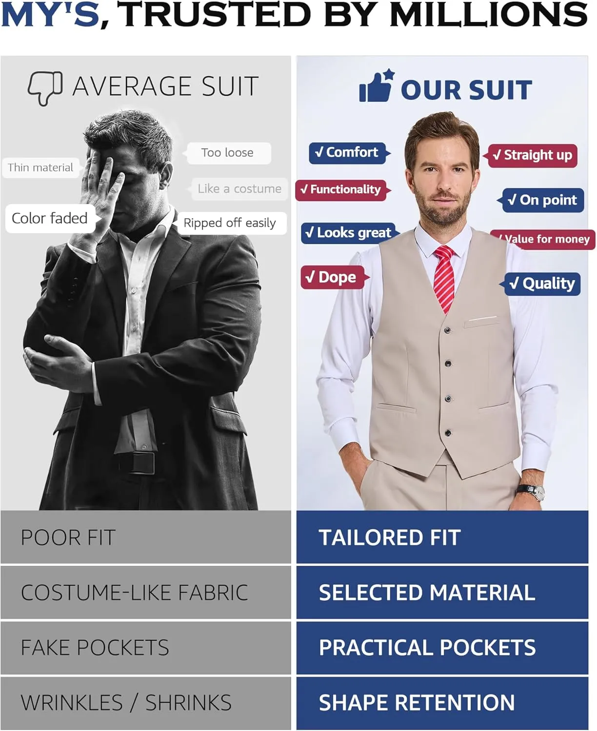 MY'S Men's 2-Piece Suit, Vest Pants Set for Men, Casual Waistcoat with Tie for Prom Wedding Homecoming