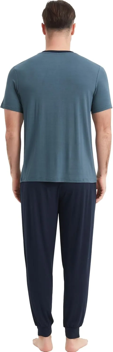 NACHILA Men's Pajamas Set-Viscose Made from Bamboo, Henley Neck Pj Top with Pants Sets Short Sleeve Sleepwear Soft Loungewear