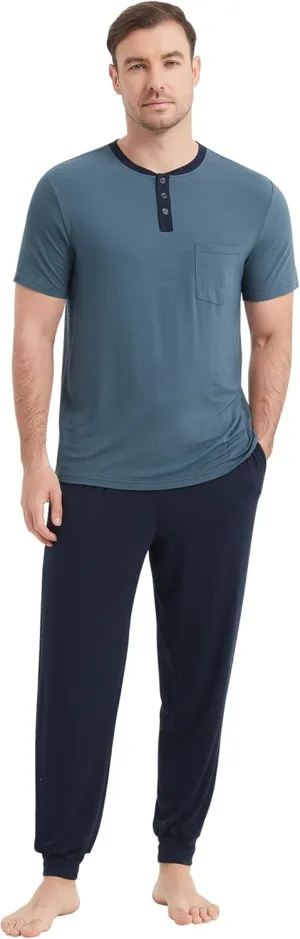 NACHILA Men's Pajamas Set-Viscose Made from Bamboo, Henley Neck Pj Top with Pants Sets Short Sleeve Sleepwear Soft Loungewear