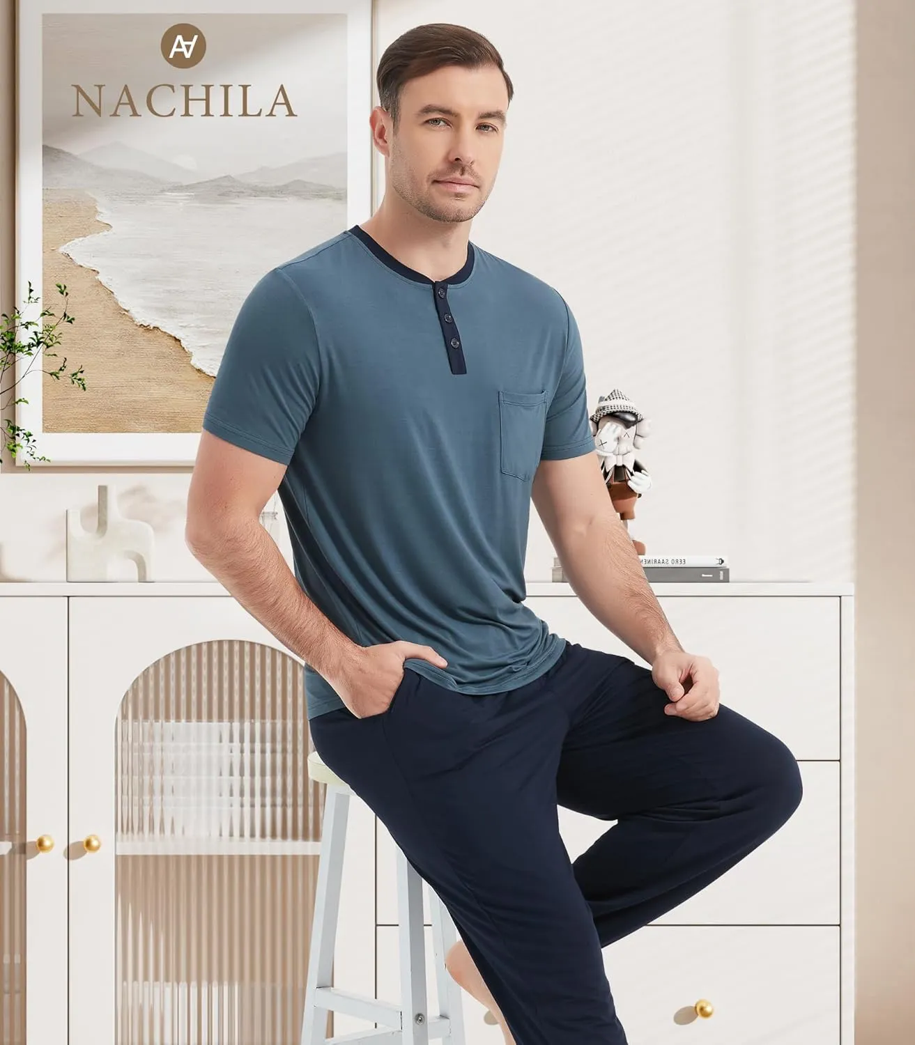 NACHILA Men's Pajamas Set-Viscose Made from Bamboo, Henley Neck Pj Top with Pants Sets Short Sleeve Sleepwear Soft Loungewear