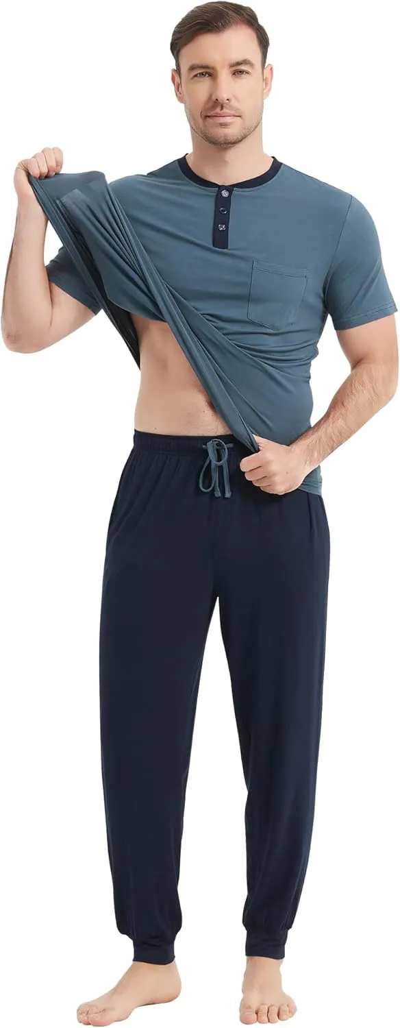 NACHILA Men's Pajamas Set-Viscose Made from Bamboo, Henley Neck Pj Top with Pants Sets Short Sleeve Sleepwear Soft Loungewear