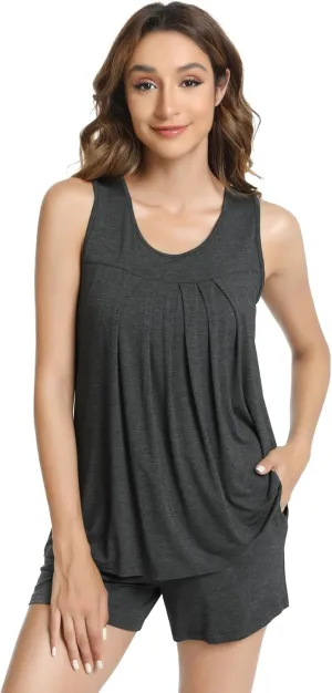 NACHILA Pajamas for Women-Viscose Made from Bamboo, Sleeveless Sleepwear Pleated Tank Top with Pajama Shorts Set Cool Pjs