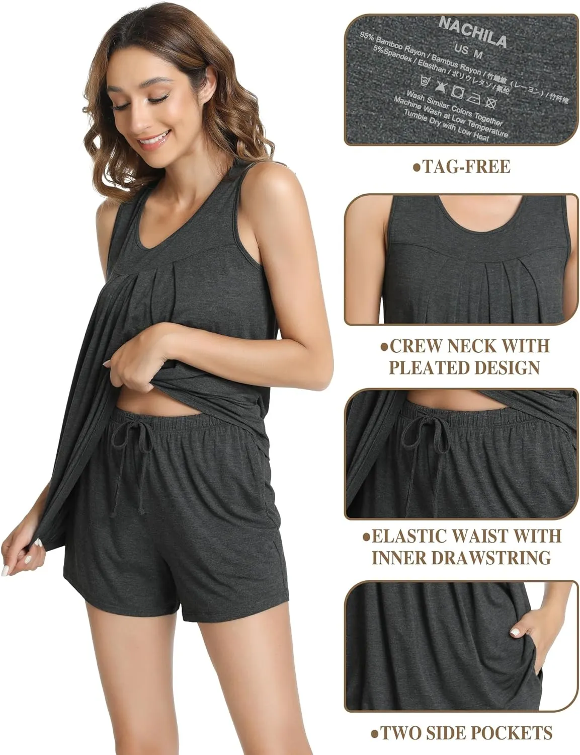 NACHILA Pajamas for Women-Viscose Made from Bamboo, Sleeveless Sleepwear Pleated Tank Top with Pajama Shorts Set Cool Pjs