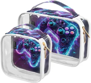 Neon Lights Game Controller 2 Pack Clear Toiletry Bag Women Men, Portable Waterproof Clear Pouch, Cosmetic Bag with Double Zippers Large Opening Traveling with Handle for Bathroom Traveling Vacation O