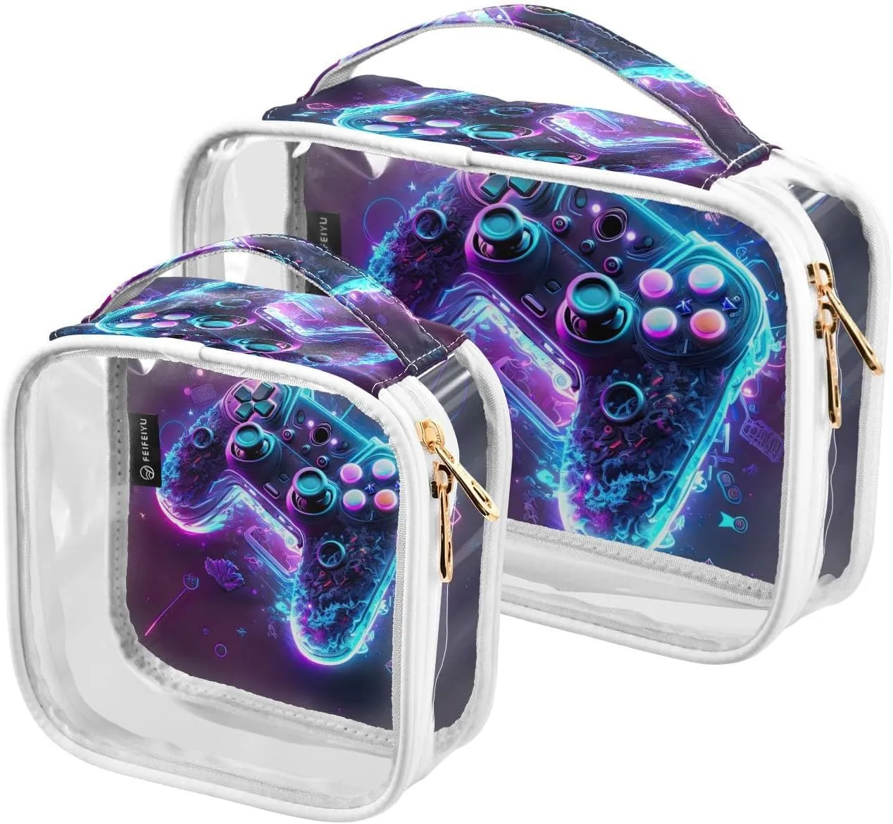 Neon Lights Game Controller 2 Pack Clear Toiletry Bag Women Men, Portable Waterproof Clear Pouch, Cosmetic Bag with Double Zippers Large Opening Traveling with Handle for Bathroom Traveling Vacation O