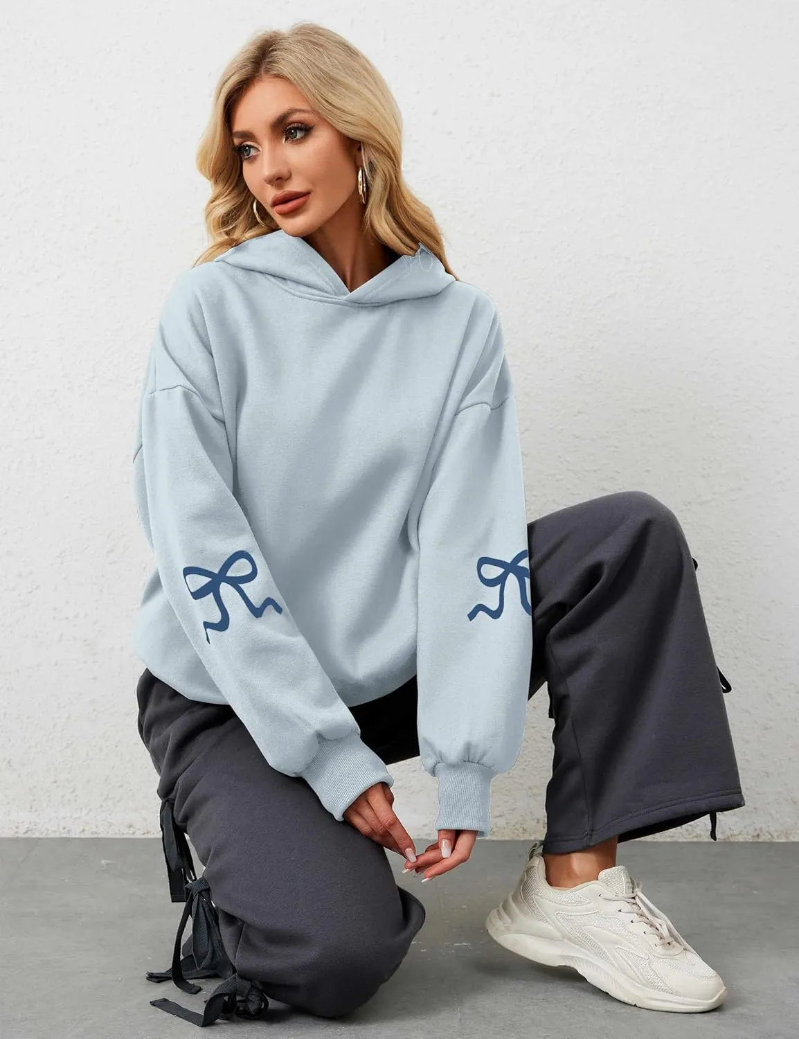 OLAPTA Women Oversized Bow Trim Print Hoodies Long Sleeve Fleeced Casual Graphic Pullover Trendy Fall Hooded Sweatshirts Top