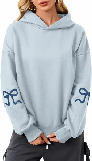 OLAPTA Women Oversized Bow Trim Print Hoodies Long Sleeve Fleeced Casual Graphic Pullover Trendy Fall Hooded Sweatshirts Top