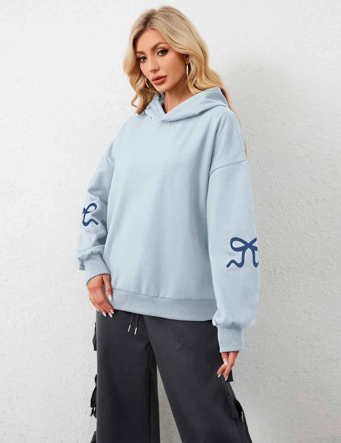 OLAPTA Women Oversized Bow Trim Print Hoodies Long Sleeve Fleeced Casual Graphic Pullover Trendy Fall Hooded Sweatshirts Top