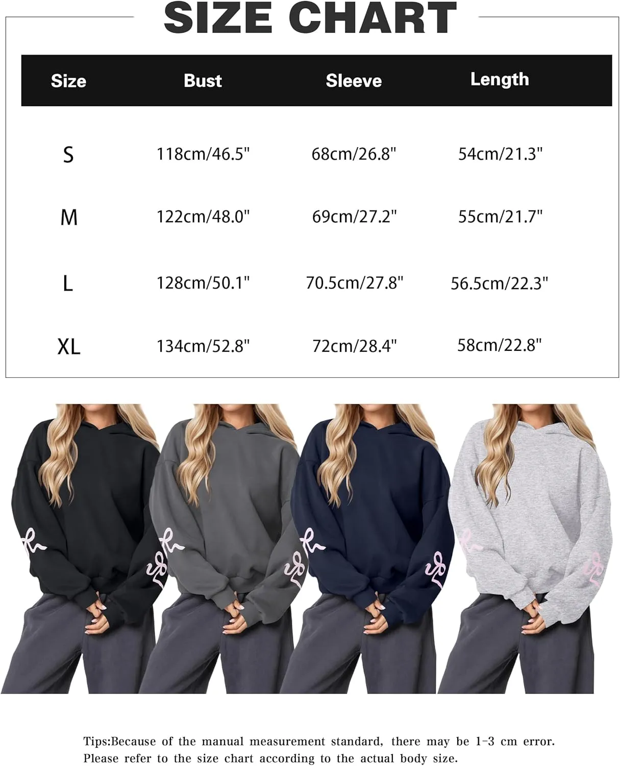 OLAPTA Women Oversized Bow Trim Print Hoodies Long Sleeve Fleeced Casual Graphic Pullover Trendy Fall Hooded Sweatshirts Top