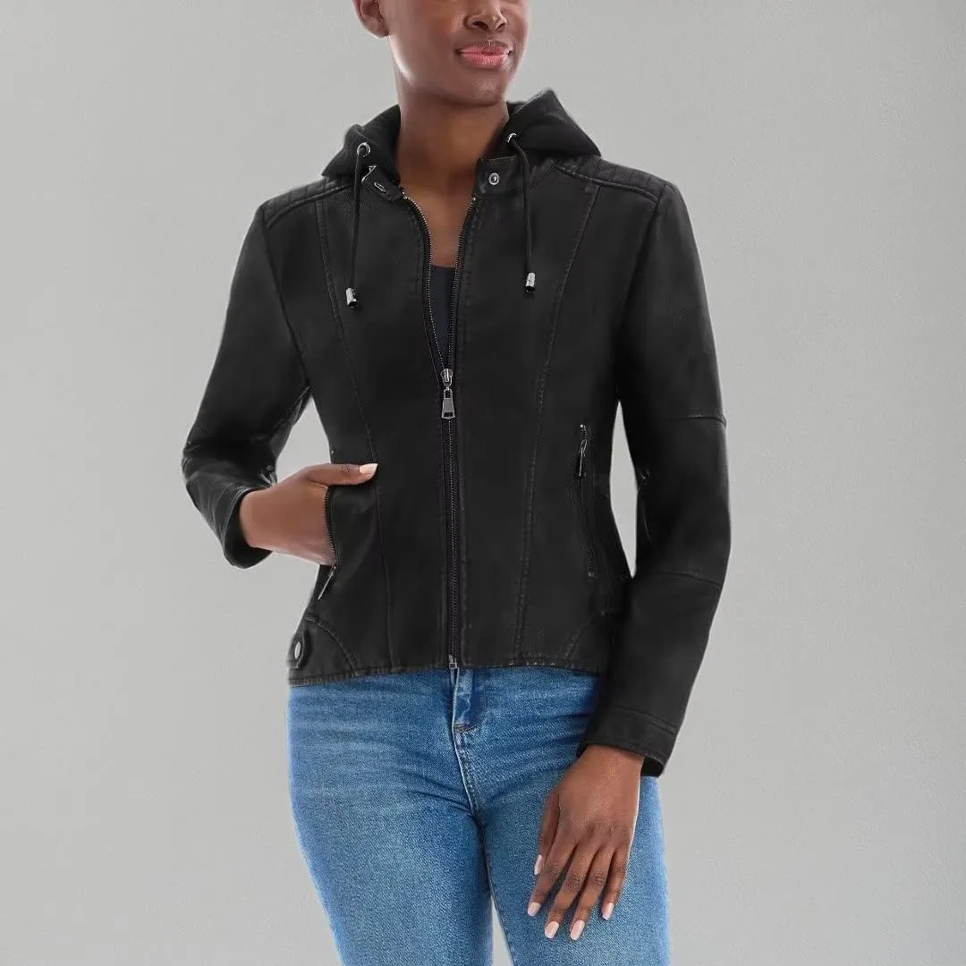 Olivia Miller Womens Faux Leather Zip Up Moto Biker Jacket