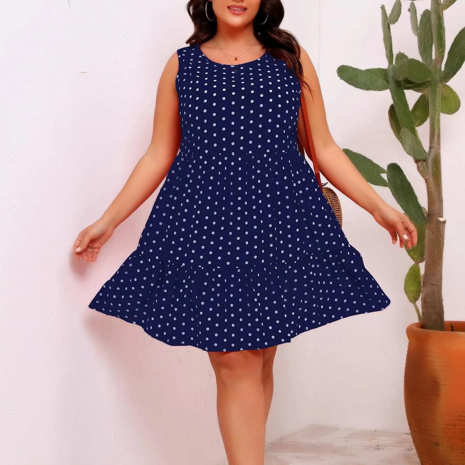 Oplxuo Plus Size Summer Dresses for Women Casual Round Neck Sleeveless Mini Sundress Polka Dot Ruffle Hem Knee Length Dress