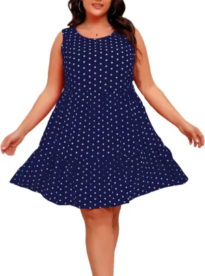 Oplxuo Plus Size Summer Dresses for Women Casual Round Neck Sleeveless Mini Sundress Polka Dot Ruffle Hem Knee Length Dress