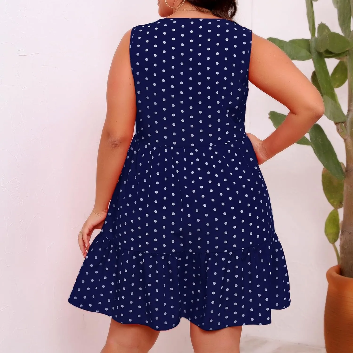 Oplxuo Plus Size Summer Dresses for Women Casual Round Neck Sleeveless Mini Sundress Polka Dot Ruffle Hem Knee Length Dress