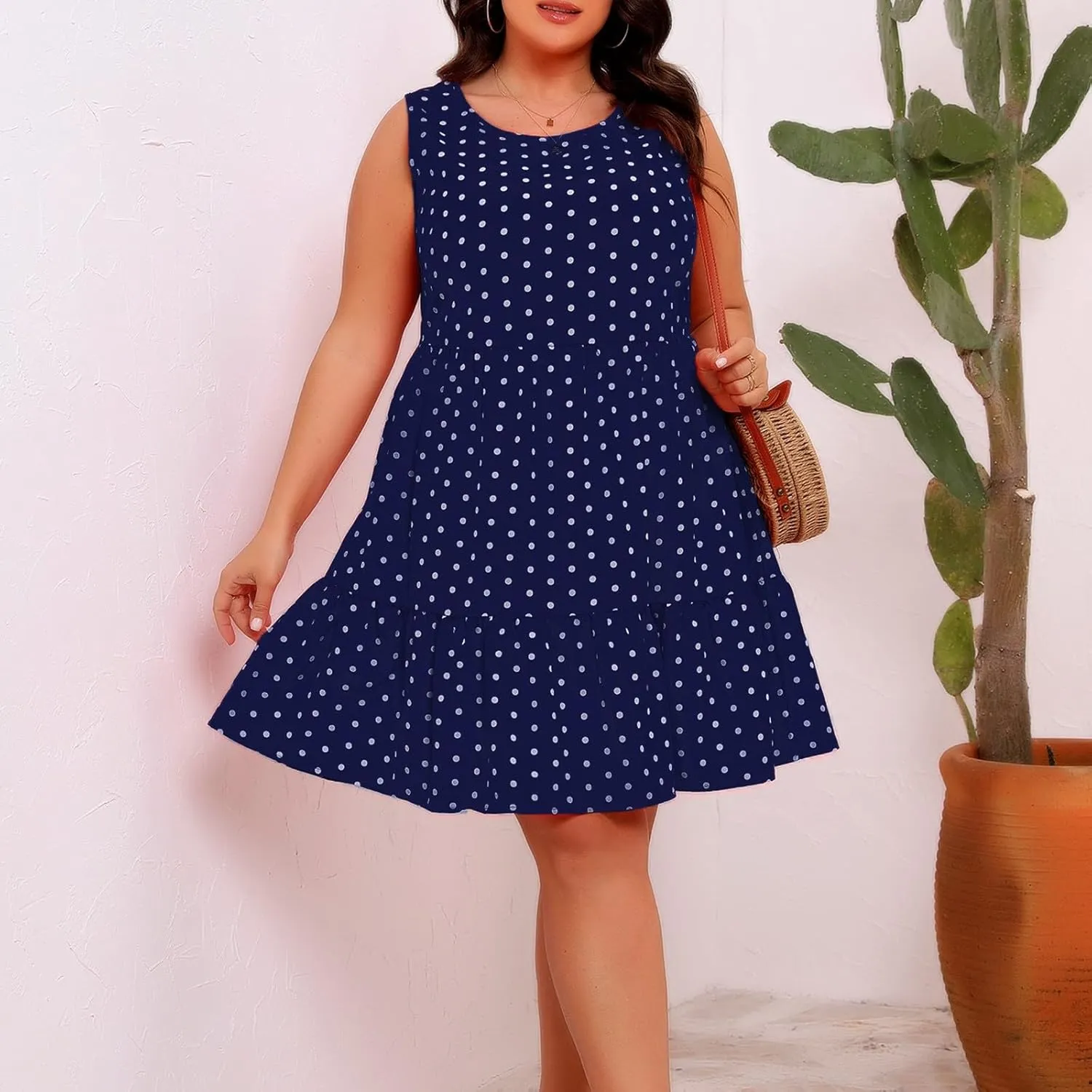 Oplxuo Plus Size Summer Dresses for Women Casual Round Neck Sleeveless Mini Sundress Polka Dot Ruffle Hem Knee Length Dress