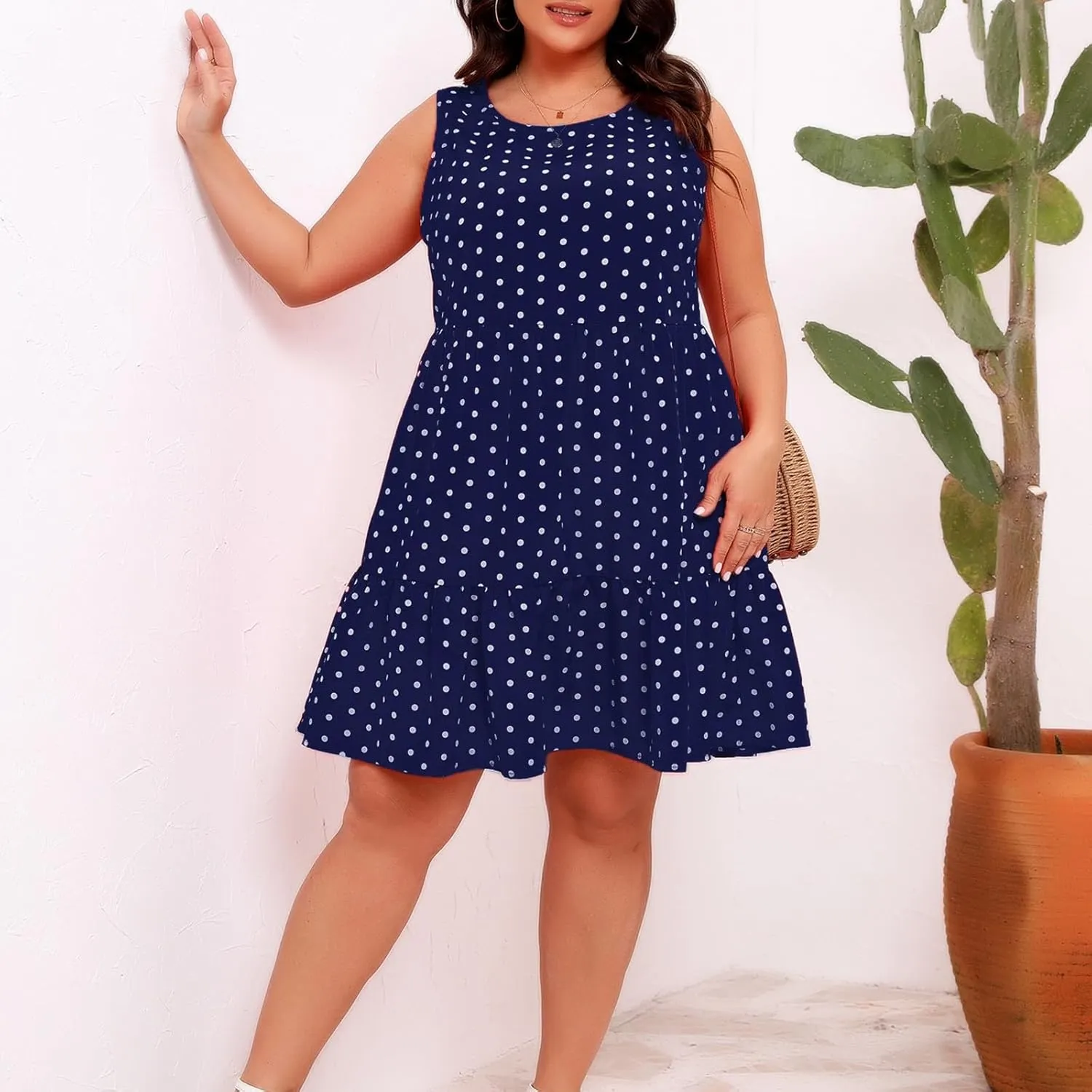 Oplxuo Plus Size Summer Dresses for Women Casual Round Neck Sleeveless Mini Sundress Polka Dot Ruffle Hem Knee Length Dress