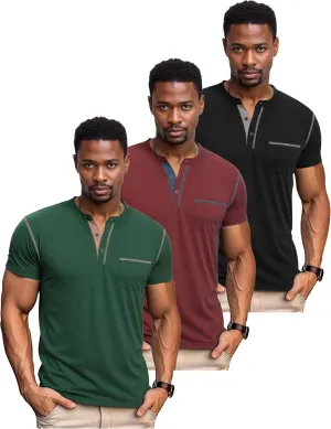 OZL Men's Henley Shirt, Men Polo Short Sleeve Blend T-Shirt with Buttons & Pocket, Casual Summer Basic Tee 3Pcs